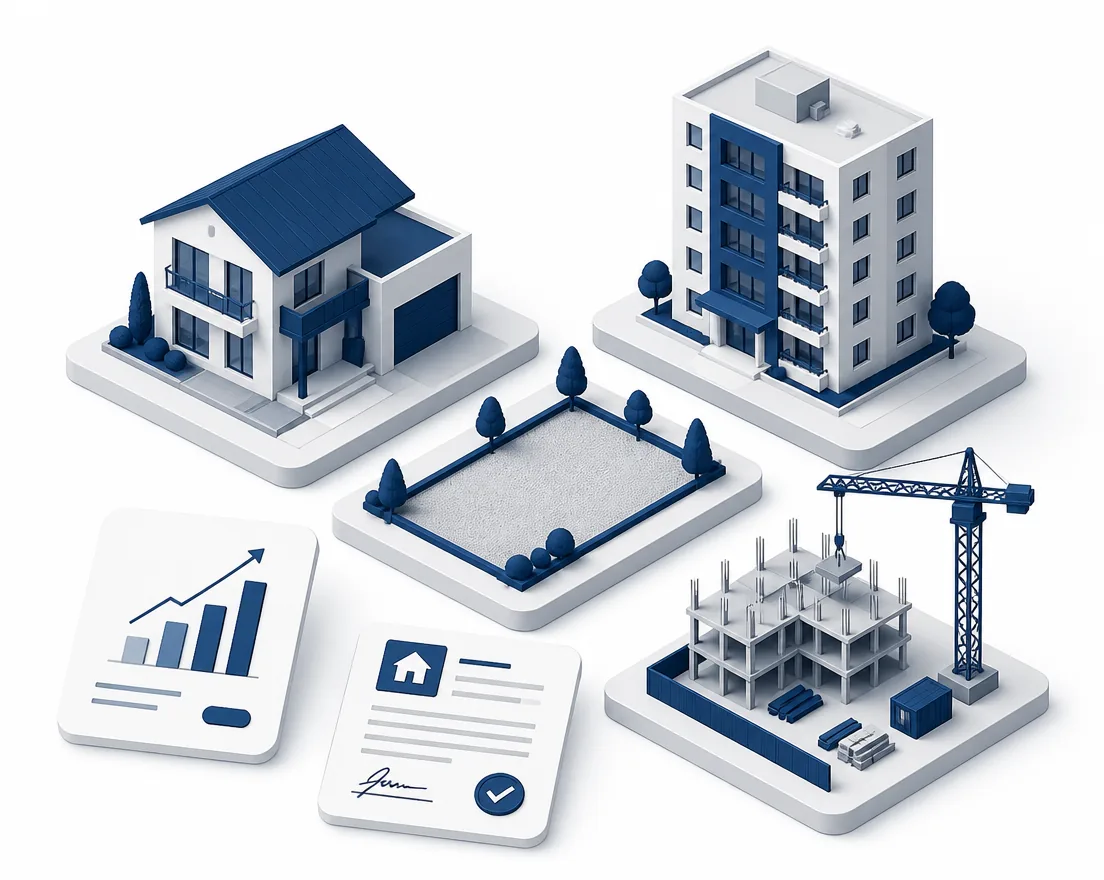 Ilustração isométrica de casa, prédio, terreno e obra representando objetivos imobiliários