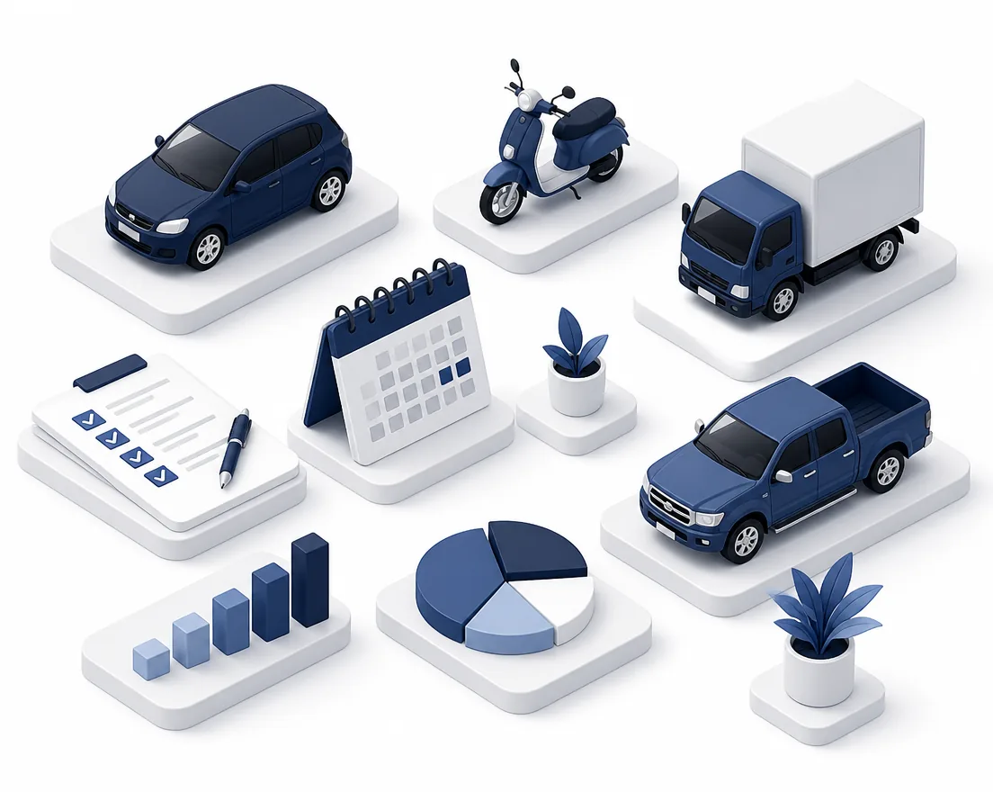 Ilustração isométrica de carro, moto, caminhão e veículo de trabalho com elementos de planejamento